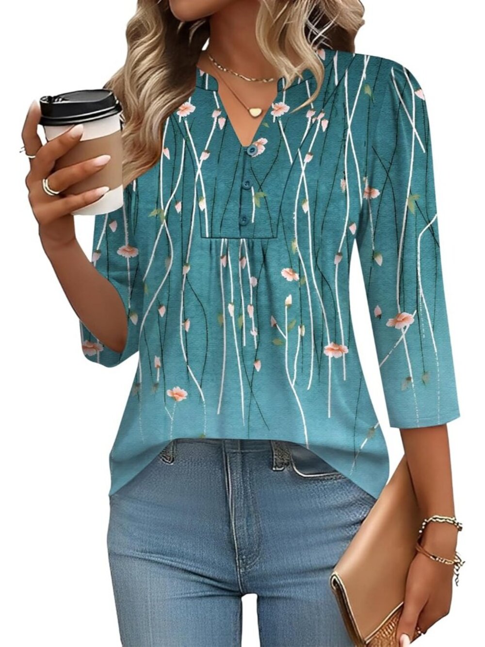 Women's Blue Leaves Long Sleeve Casual Henley V-Neck Floral T-Shirts Loose Fit